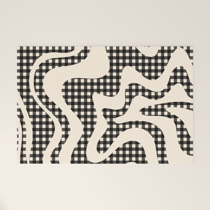 Retro Liquid Swirl Abstract Gingham Check Pattern in Black and Almond Cream Welcome Mat Gallery Image 1