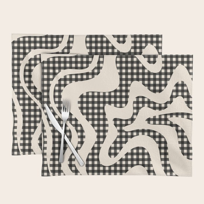 Retro Liquid Swirl Abstract Gingham Check Pattern in Black and Almond Cream Placemat Gallery Image 1