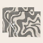 Retro Liquid Swirl Abstract Gingham Check Pattern in Black and Almond Cream Placemat Gallery Image 1