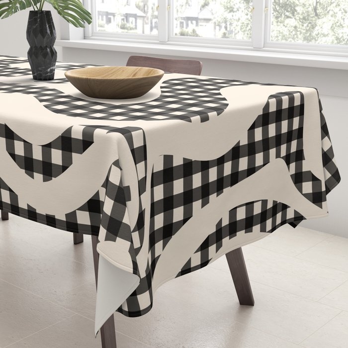 Retro Liquid Swirl Abstract Gingham Check Pattern in Black and Almond Cream Tablecloth Gallery Image 3