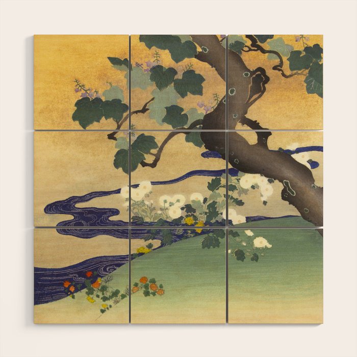 Tree and chrysanthemums by Kogyo Tsukioka Wood Wall Art Gallery Image 1
