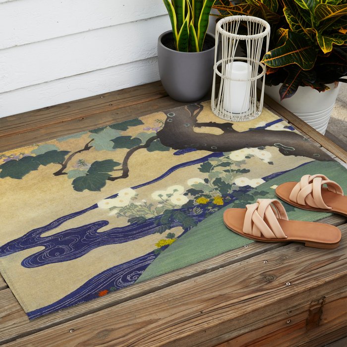 Tree and chrysanthemums by Kogyo Tsukioka Outdoor Rug Gallery Image 2