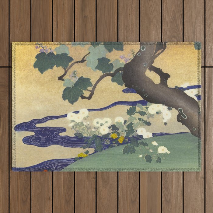 Tree and chrysanthemums by Kogyo Tsukioka Outdoor Rug Gallery Image 1