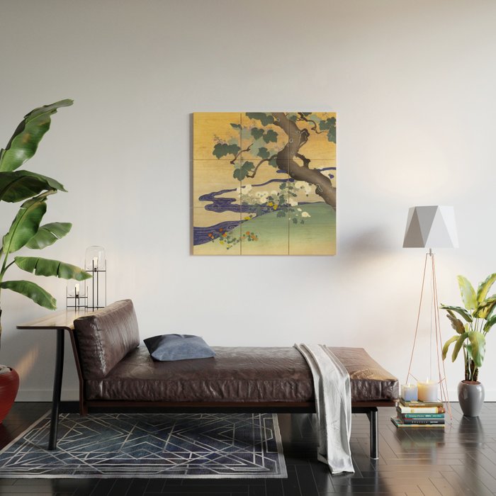 Tree and chrysanthemums by Kogyo Tsukioka Wood Wall Art Gallery Image 2