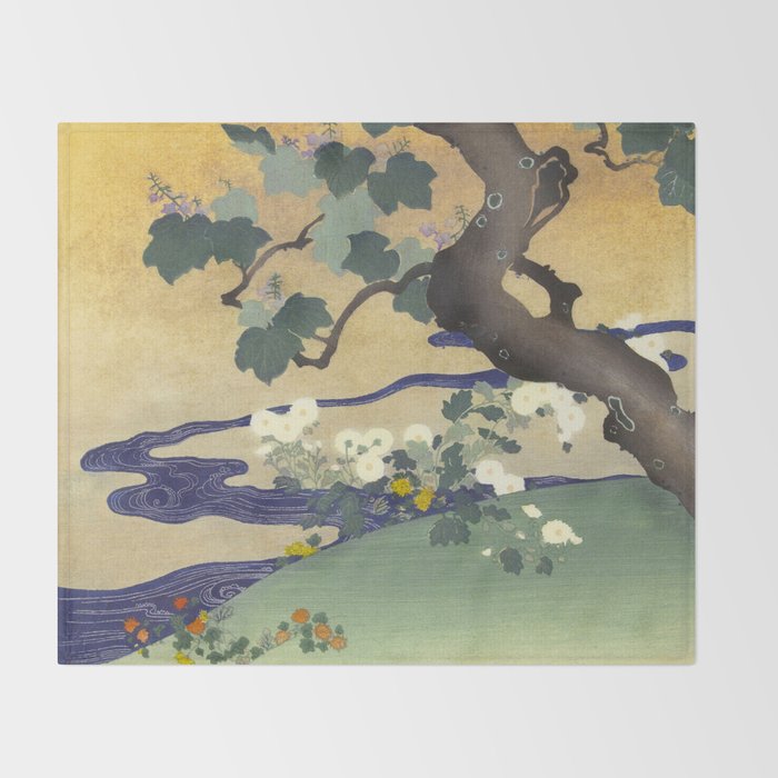 Tree and chrysanthemums by Kogyo Tsukioka Throw Blanket Gallery Image 2
