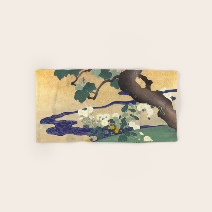 Tree and chrysanthemums by Kogyo Tsukioka Bath Towel Gallery Image 1