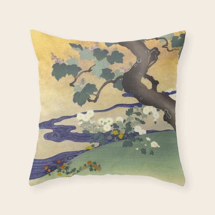 Tree and chrysanthemums by Kogyo Tsukioka Throw Pillow Gallery Image 1