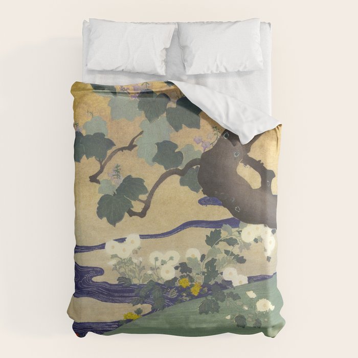Tree and chrysanthemums by Kogyo Tsukioka Duvet Cover Gallery Image 6