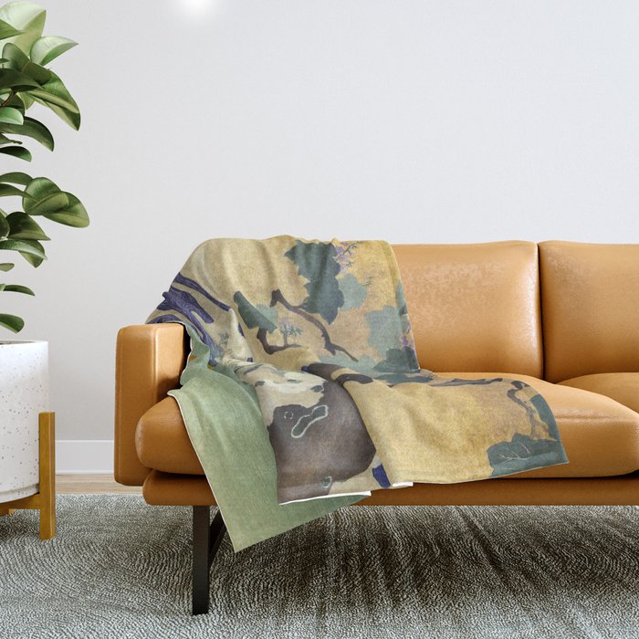 Tree and chrysanthemums by Kogyo Tsukioka Throw Blanket Gallery Image 1
