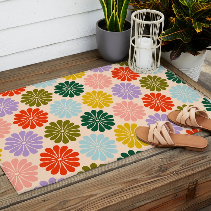 Retro Modern Daisy - Rainbow  Outdoor Rug Gallery Image 2