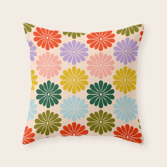 Retro Modern Daisy - Rainbow  Throw Pillow Gallery Image 1