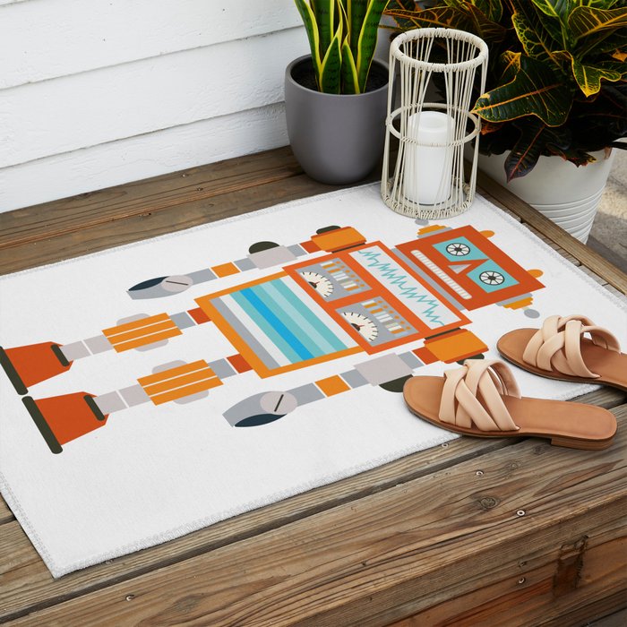 Orange Robot Retro Toy Outdoor Rug Gallery Image 2