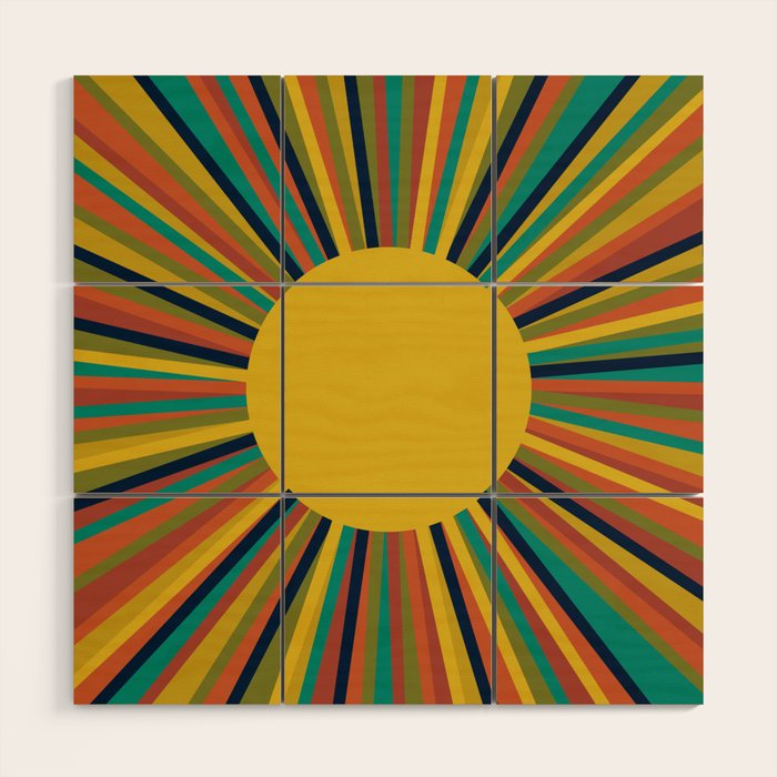 Multicolour Retro Sunburst Sun in Mid Mod Colours Wood Wall Art Gallery Image 1