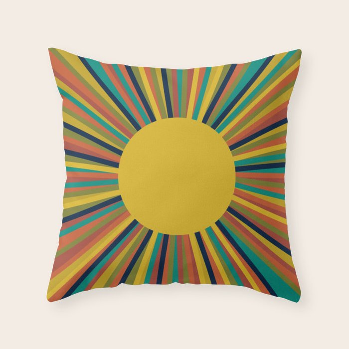 Multicolour Retro Sunburst Sun in Mid Mod Colours Throw Pillow Gallery Image 1