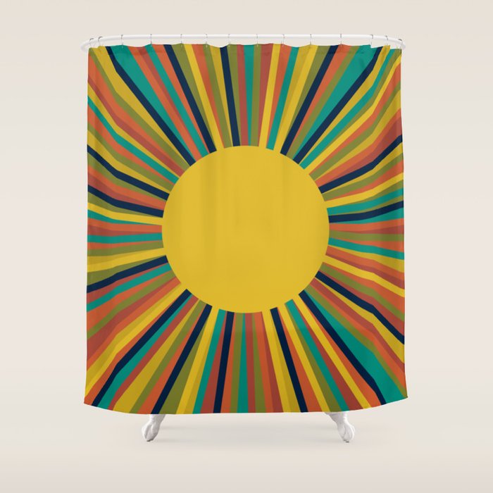 Multicolour Retro Sunburst Sun in Mid Mod Colours Shower Curtain Gallery Image 1