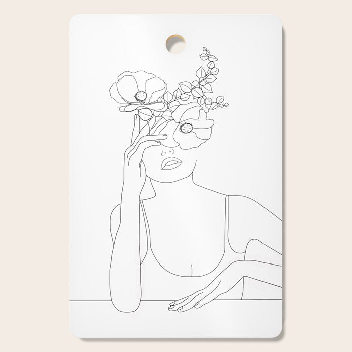 Minimal Line Art Woman with Flowers II Cutting Board Gallery Image 1