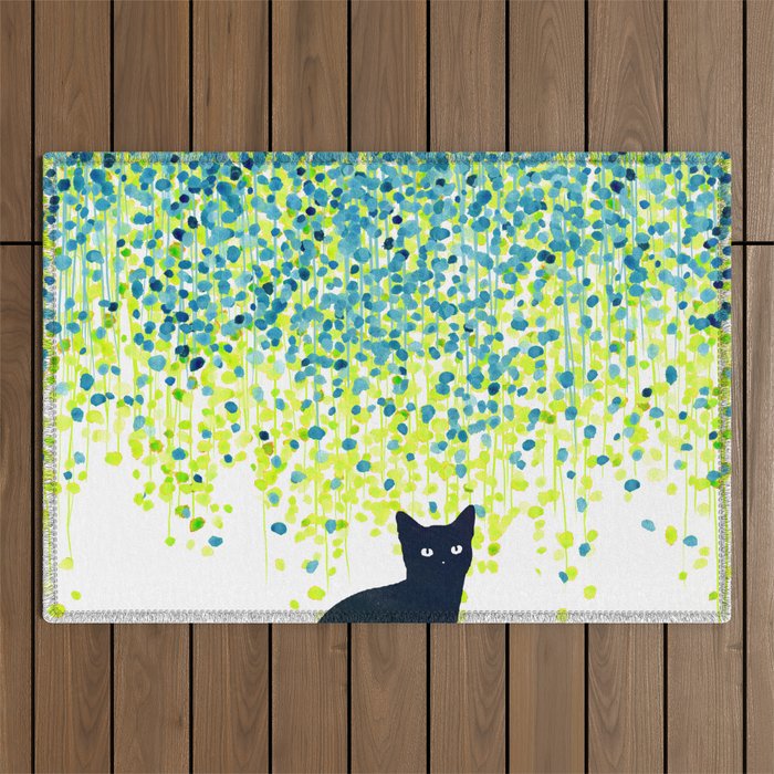 Cat in the garden under willow tree Outdoor Rug Gallery Image 1