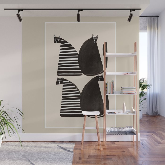 Minimalist Cats in Black and White Wall Mural Gallery Image 1