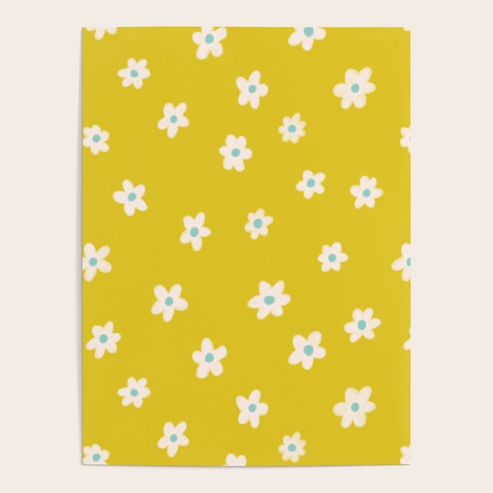 Small Daisies - Yellow, White and Turquoise Poster Gallery Image 1