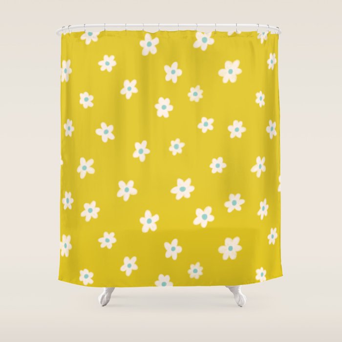 Small Daisies - Yellow, White and Turquoise Shower Curtain Gallery Image 1