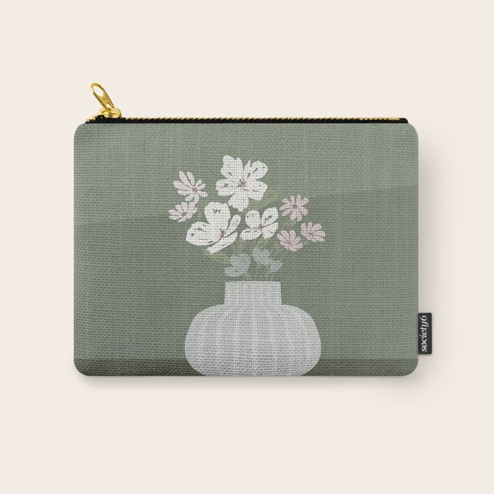 Wildflower bouquet in vase illustration - muted pink, beige and sage green flowers  Carry All Pouch Gallery Image 1