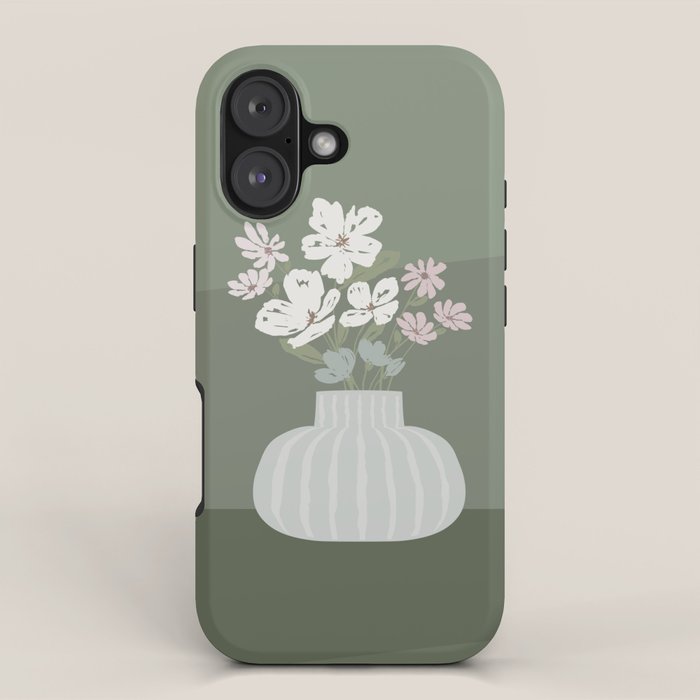 Wildflower bouquet in vase illustration - muted pink, beige and sage green flowers  iPhone Case Gallery Image 1