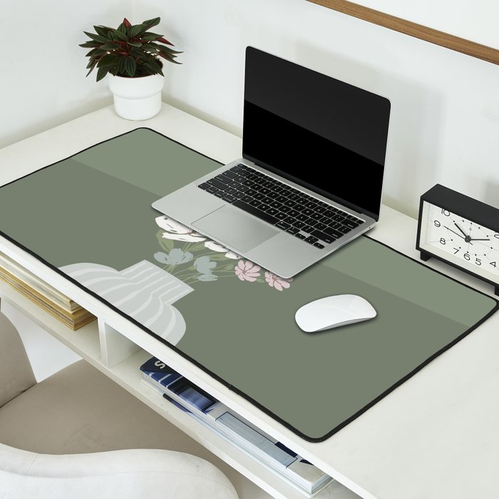 Wildflower bouquet in vase illustration - muted pink, beige and sage green flowers  Desk Mat Gallery Image 2