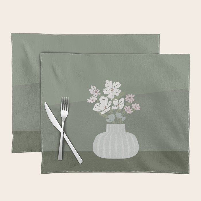 Wildflower bouquet in vase illustration - muted pink, beige and sage green flowers  Placemat Gallery Image 1