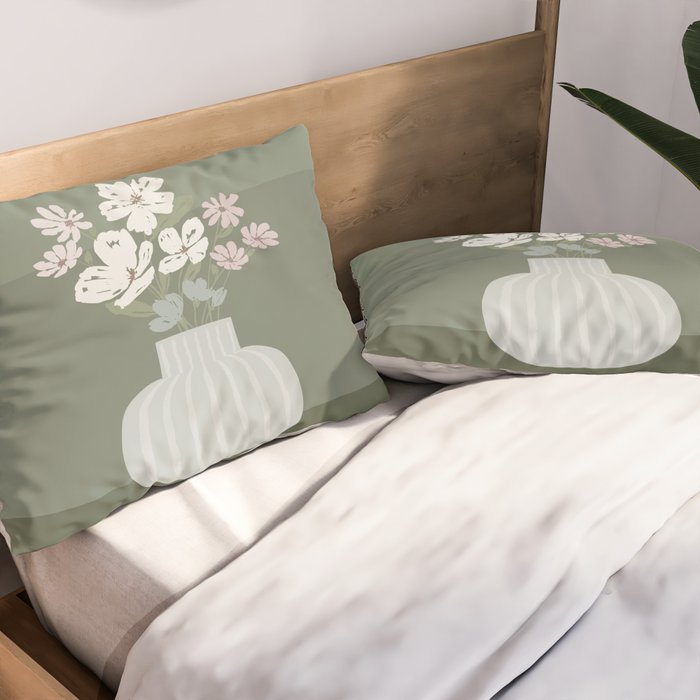 Wildflower bouquet in vase illustration - muted pink, beige and sage green flowers  Pillow Sham Gallery Image 2