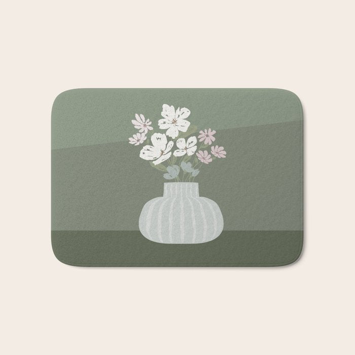 Wildflower bouquet in vase illustration - muted pink, beige and sage green flowers  Bath Mat Gallery Image 1