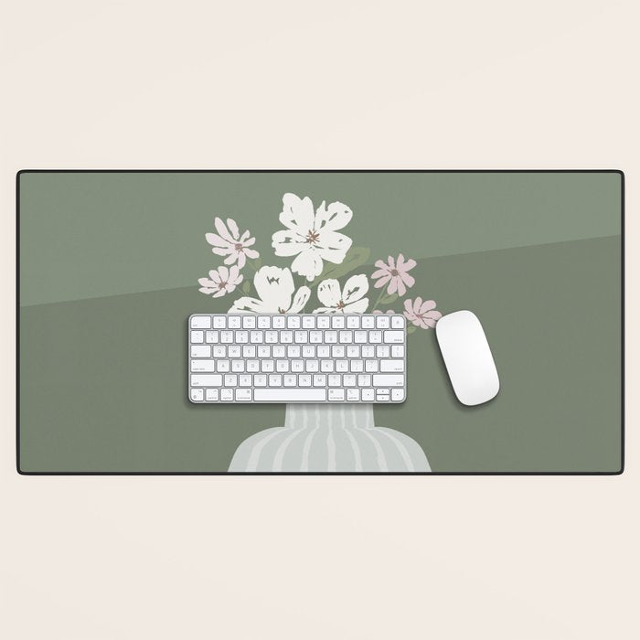 Wildflower bouquet in vase illustration - muted pink, beige and sage green flowers  Desk Mat Gallery Image 1