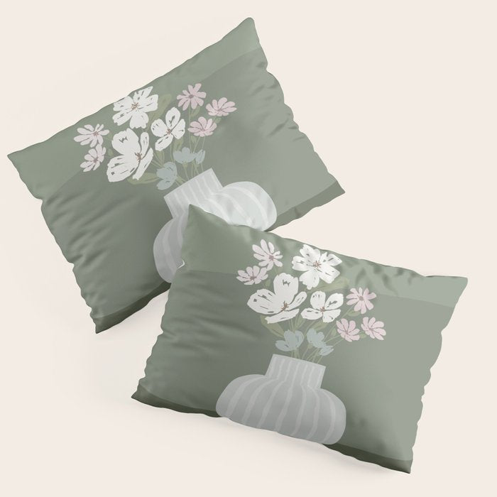 Wildflower bouquet in vase illustration - muted pink, beige and sage green flowers  Pillow Sham Gallery Image 3