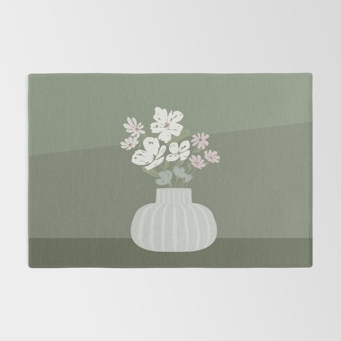 Wildflower bouquet in vase illustration - muted pink, beige and sage green flowers  Rug Gallery Image 2