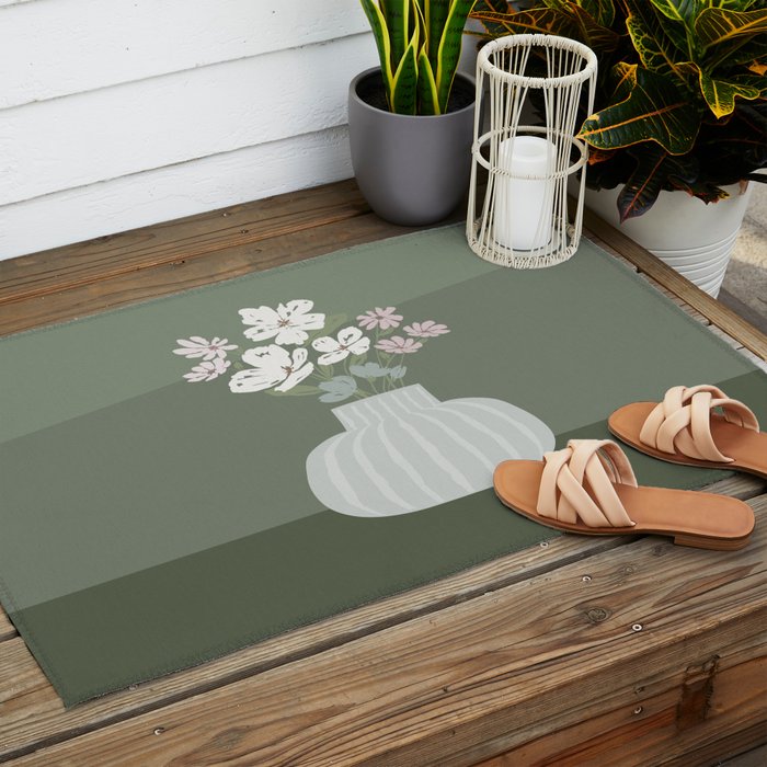 Wildflower bouquet in vase illustration - muted pink, beige and sage green flowers  Outdoor Rug Gallery Image 2