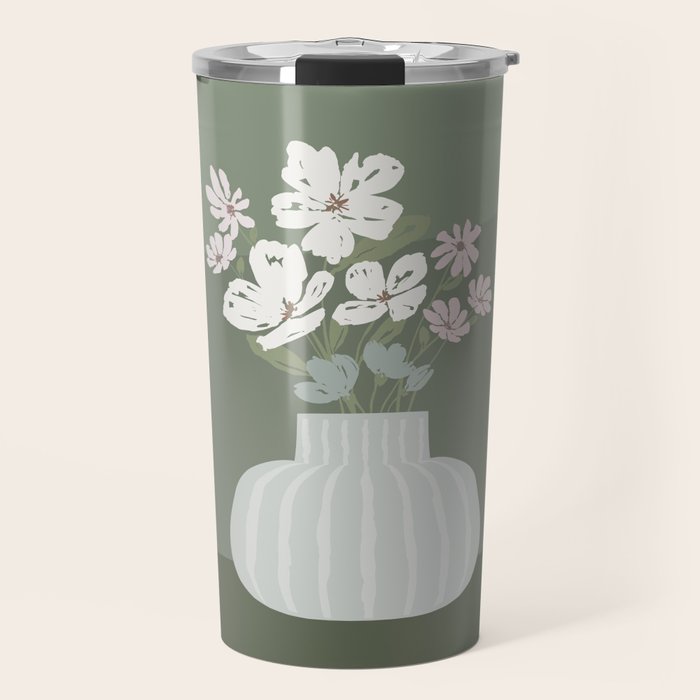 Wildflower bouquet in vase illustration - muted pink, beige and sage green flowers  Travel Mug Gallery Image 1