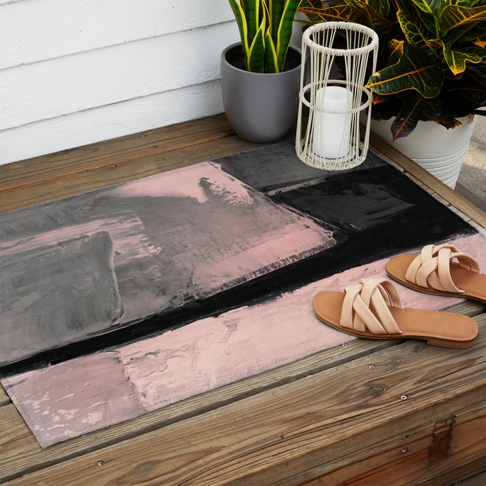 Blush and Black Abstract Art Print Outdoor Rug Gallery Image 2
