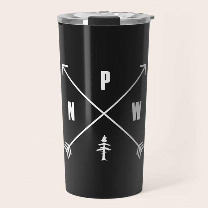 PNW Pacific Northwest Compass - White on Black Minimal Travel Mug Gallery Image 1