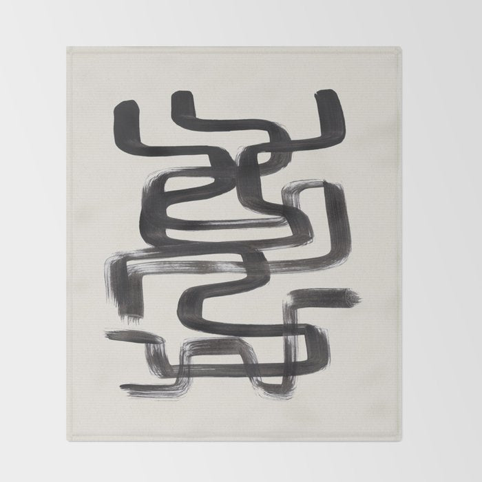 Mid Century Modern Minimalist Abstract Art Brush Strokes Black & White Ink Art Pipe Maze Throw Blanket Gallery Image 2