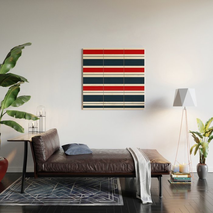 Red and Navy Blue Horizontal Stripes Wood Wall Art Gallery Image 2