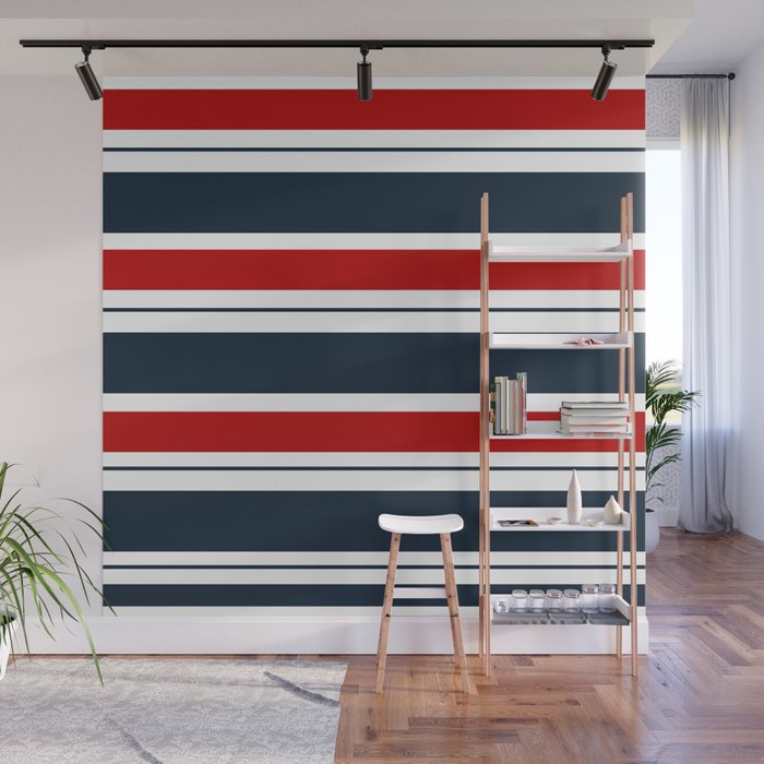 Red and Navy Blue Horizontal Stripes Wall Mural Gallery Image 1