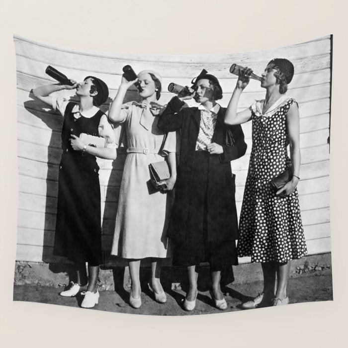 Women Beer Drinkers, Black and White Vintage Art Wall Tapestry Gallery Image 1