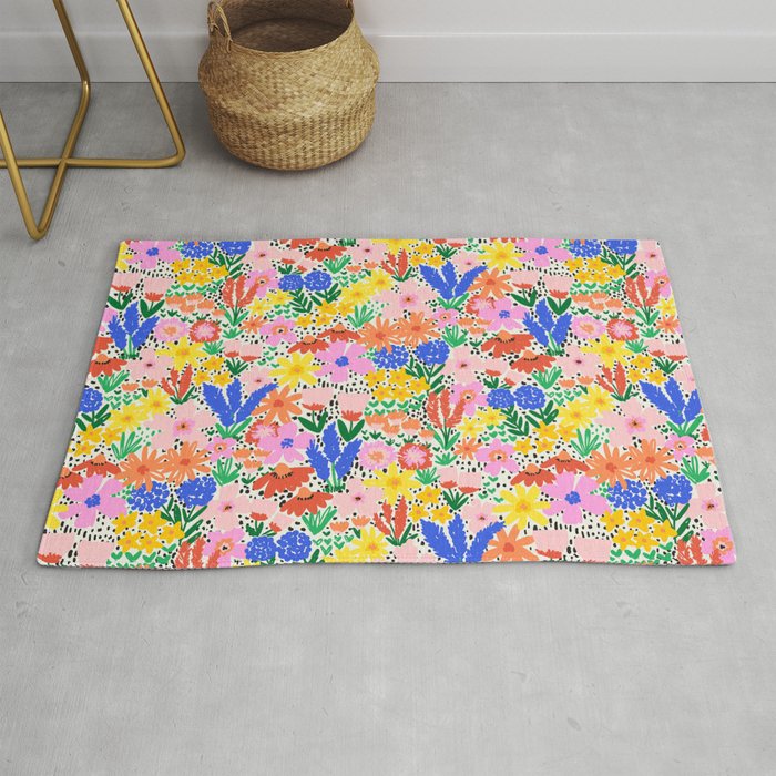 Colorful Summer Flower Meadow Happy Hand Drawn Wildflowers Rug Gallery Image 1