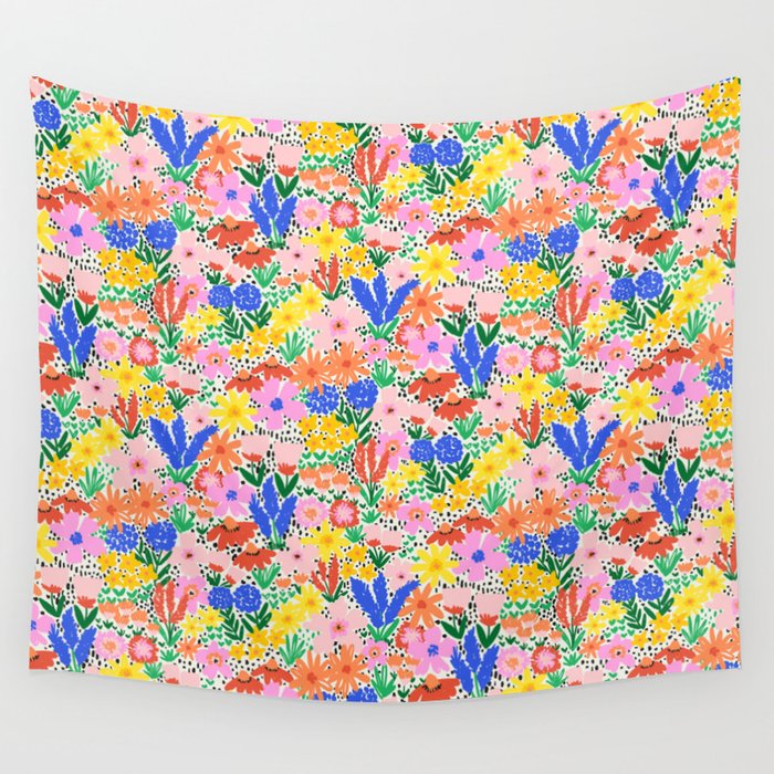 Colorful Summer Flower Meadow Happy Hand Drawn Wildflowers Wall Tapestry Gallery Image 4