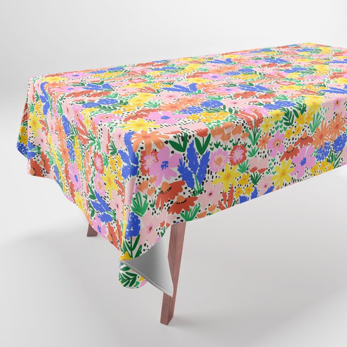 Colorful Summer Flower Meadow Happy Hand Drawn Wildflowers Tablecloth Gallery Image 1