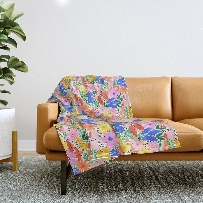 Colorful Summer Flower Meadow Happy Hand Drawn Wildflowers Throw Blanket Gallery Image 1