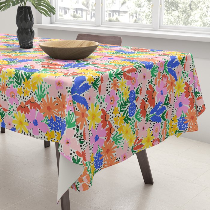 Colorful Summer Flower Meadow Happy Hand Drawn Wildflowers Tablecloth Gallery Image 3