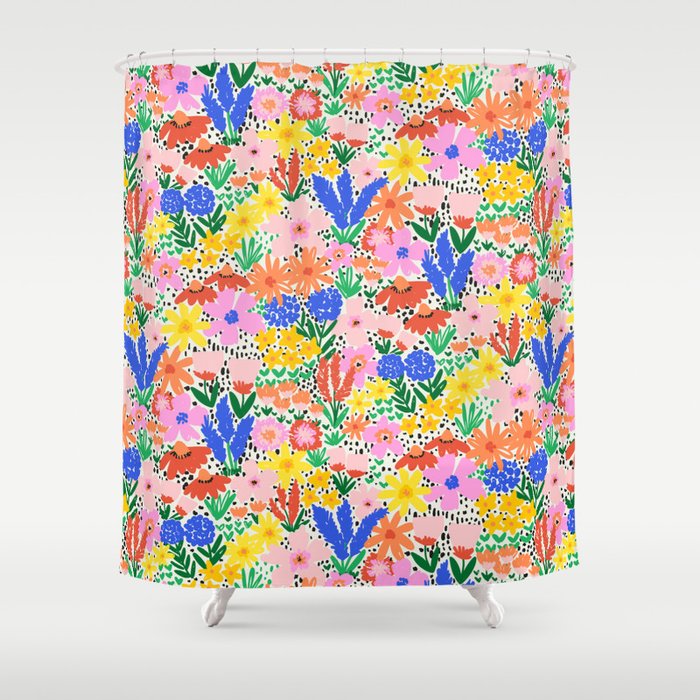 Colorful Summer Flower Meadow Happy Hand Drawn Wildflowers Shower Curtain Gallery Image 1