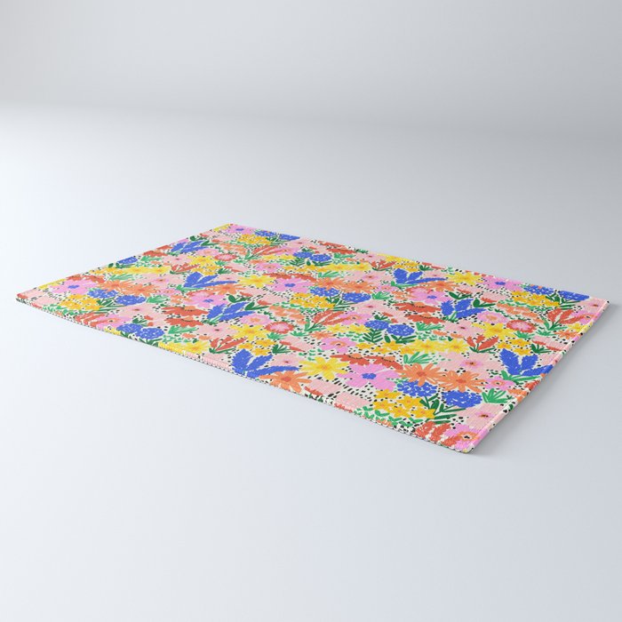 Colorful Summer Flower Meadow Happy Hand Drawn Wildflowers Rug Gallery Image 3