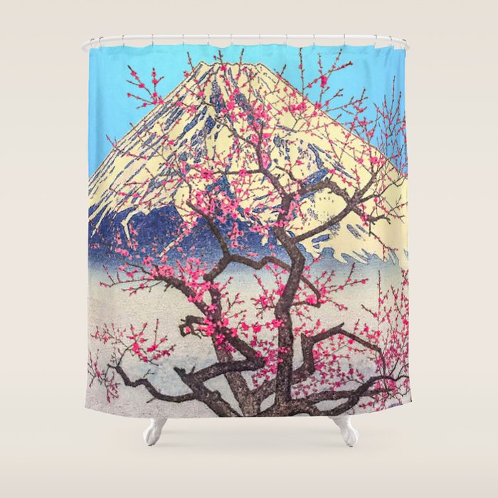 Growing before the Mountain-God - Summer Tree, Lake & Mountain Ukiyoe Nature Landscape in Blue & Pinkn Shower Curtain Gallery Image 1