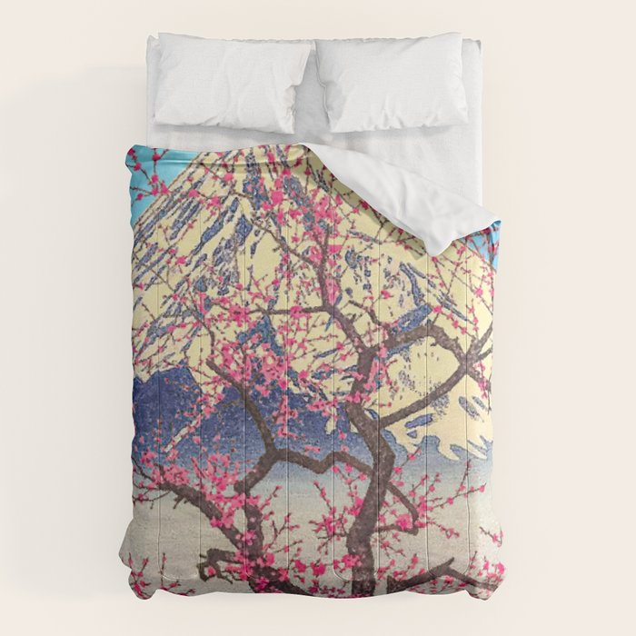 Growing before the Mountain-God - Summer Tree, Lake & Mountain Ukiyoe Nature Landscape in Blue & Pinkn Comforter Gallery Image 1